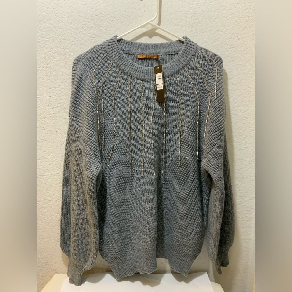 New Belldini Rhinestone Fringe Sweater Pullover Crew Neck